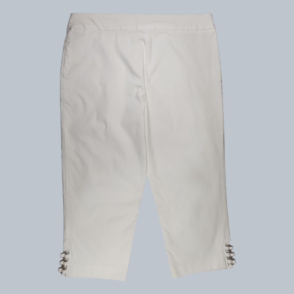 JM Collection White Capri Pants Women L Pull On Elastic Waist Lattice Hem Crop - Picture 3 of 8
